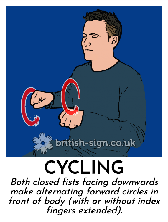 Cycling: Both closed fists facing downwards make alternating forward circles in front of body (with or without index fingers extended).